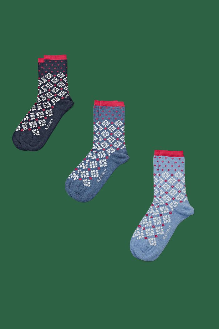 Set van 3 paar grofgebreide sokken, Noors patroon, NAVY/LIGHT BLUE, detail image number 0