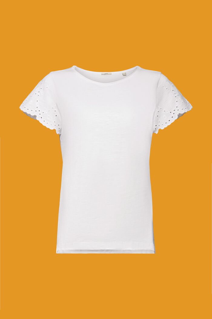 Katoenen T-shirt met mouwen met opengewerkt motief, WHITE, detail image number 5