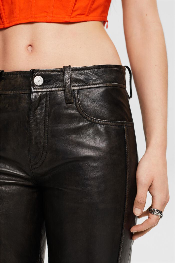 Pantalon en cuir droit à taille mi-haute, BLACK, detail image number 4