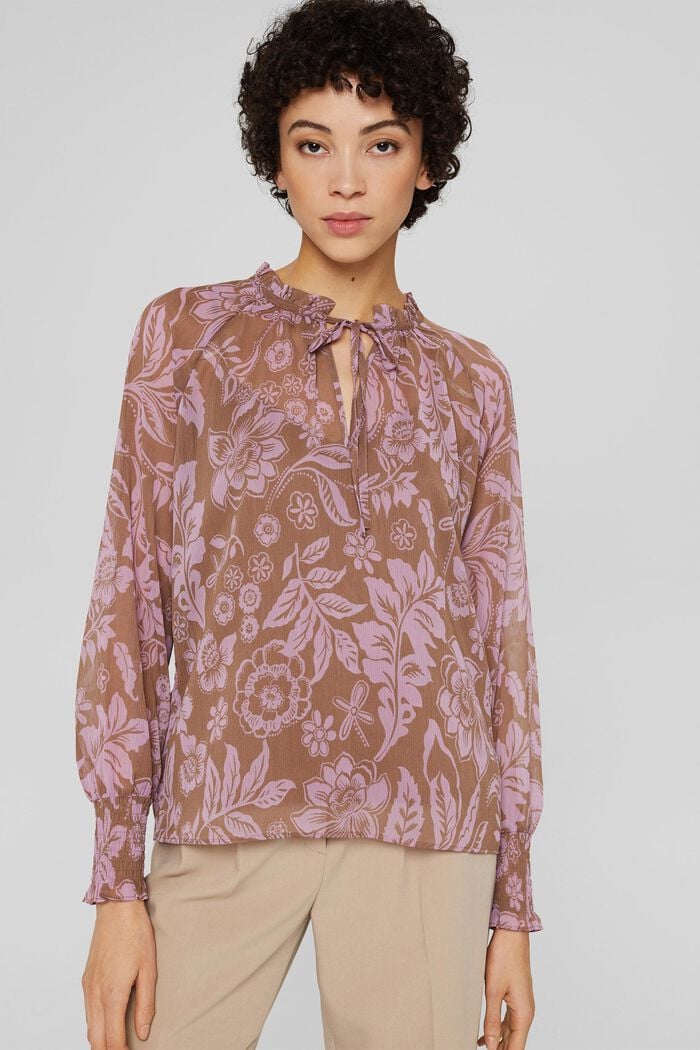 Gesmokte chiffon blouse met ruches, TAUPE, detail image number 0