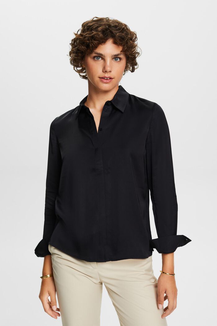 Satijnen blouse met lange mouwen, BLACK, detail image number 0