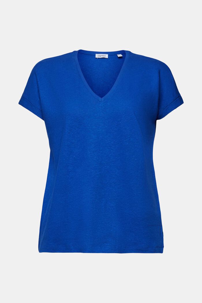 T-shirt van katoenlinnen met V-hals, BRIGHT BLUE, detail image number 5