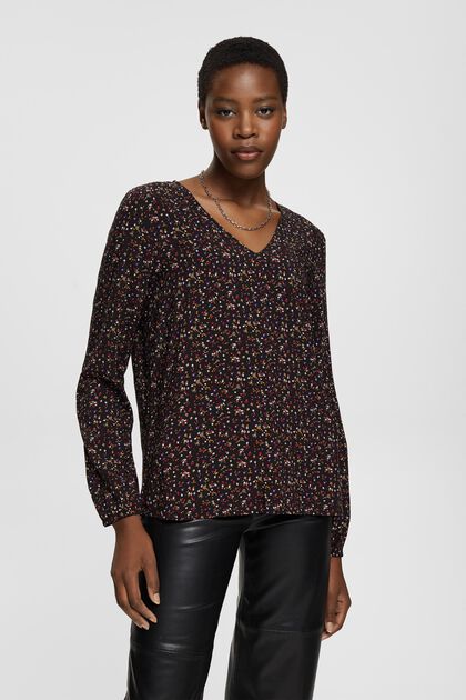 Gebloemde blouse met V-hals, LENZING™ ECOVERO™, BLACK, overview