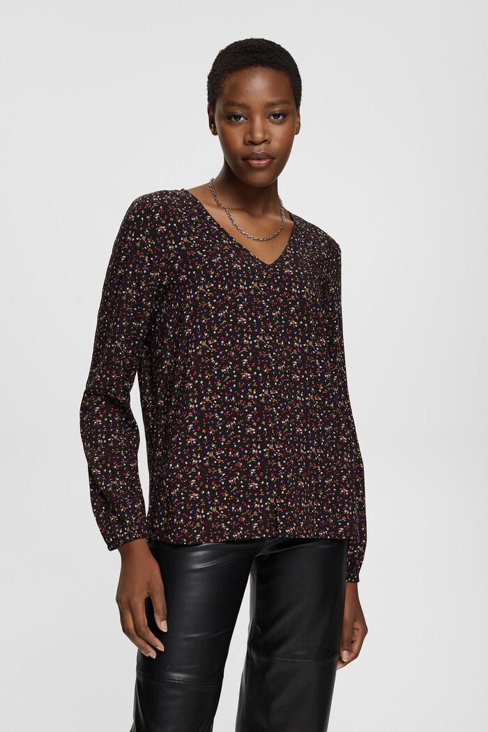 Gebloemde blouse met V-hals, LENZING™ ECOVERO™, BLACK, detail image number 0