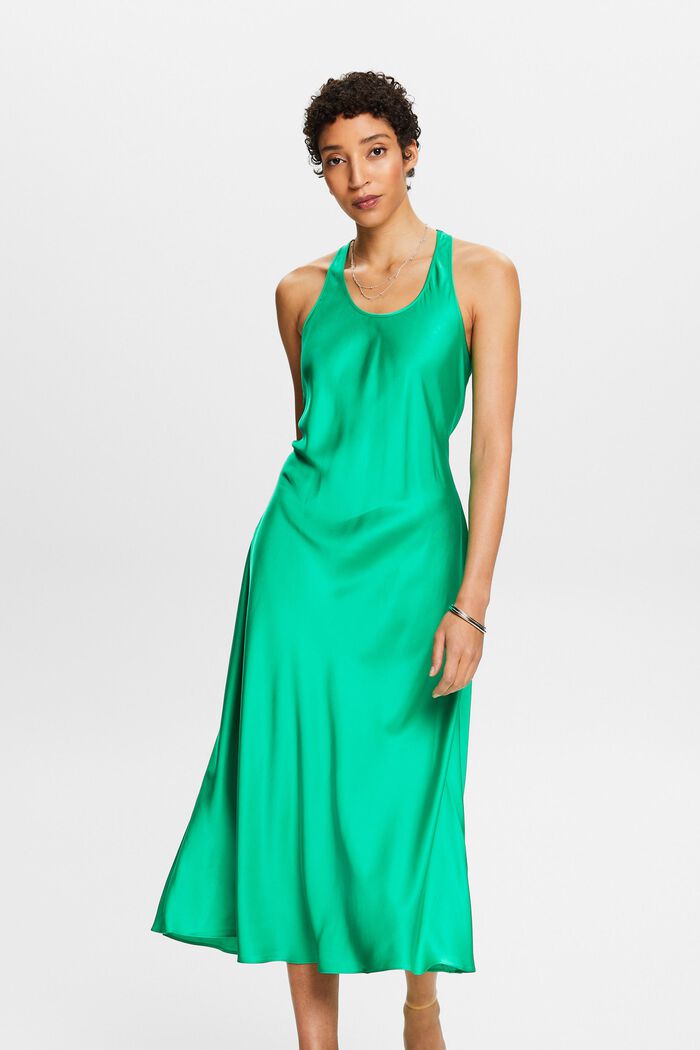 Satijnen mouwloze midi-jurk met ceintuur, GREEN, detail image number 0