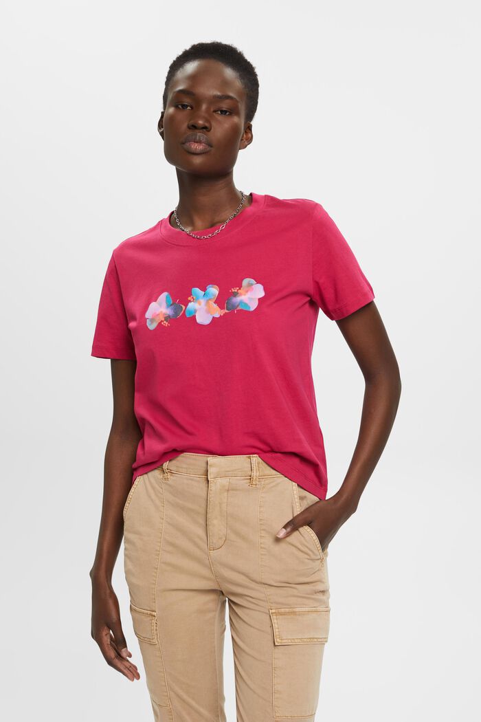 Katoenen T-shirt met bloemetjesprint, DARK PINK, detail image number 0