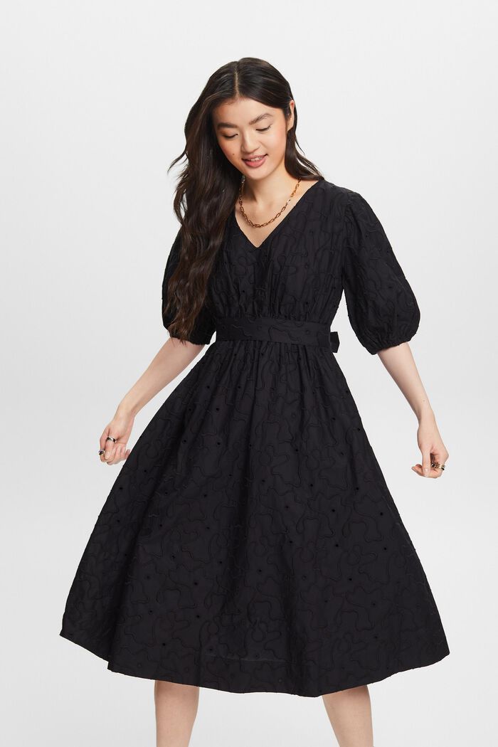 Midi-jurk met pofmouwen en ceintuur, BLACK, detail image number 0
