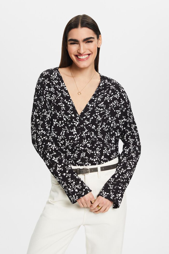 Crêpe blouse met V-hals en print, NEW BLACK, detail image number 0
