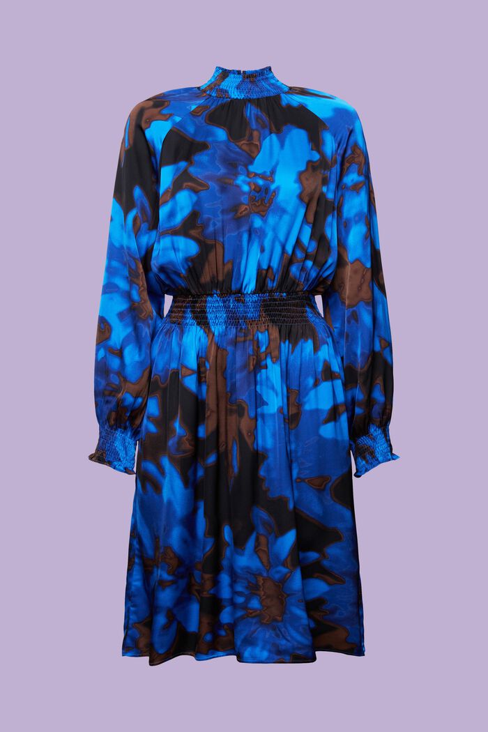 Gesmokte satijnen jurk met print, BRIGHT BLUE, detail image number 6