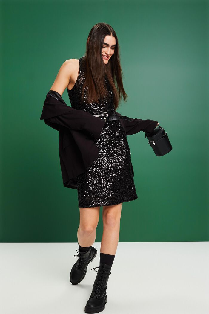 Mouwloze neckholder midi-jurk met pailletjes, BLACK, detail image number 1