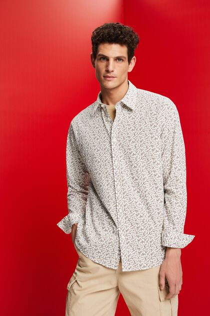 Chemise en coton à motif de coupe Slim Fit, OFF WHITE, overview