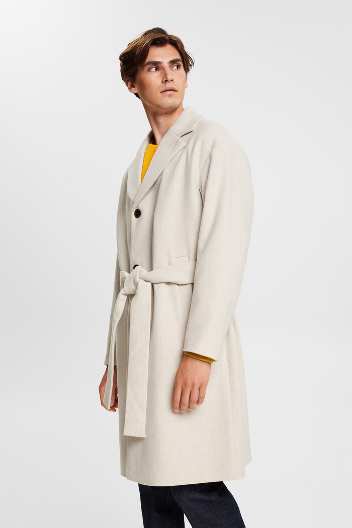 Manteau en laine mélangée muni d’une ceinture à nouer, CREAM BEIGE, detail image number 0