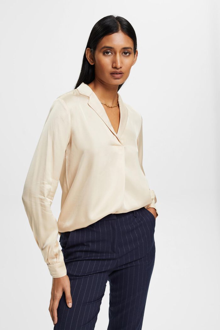 Satijnen blouse met reverskraag, LENZING™ ECOVERO™, DUSTY NUDE, detail image number 0
