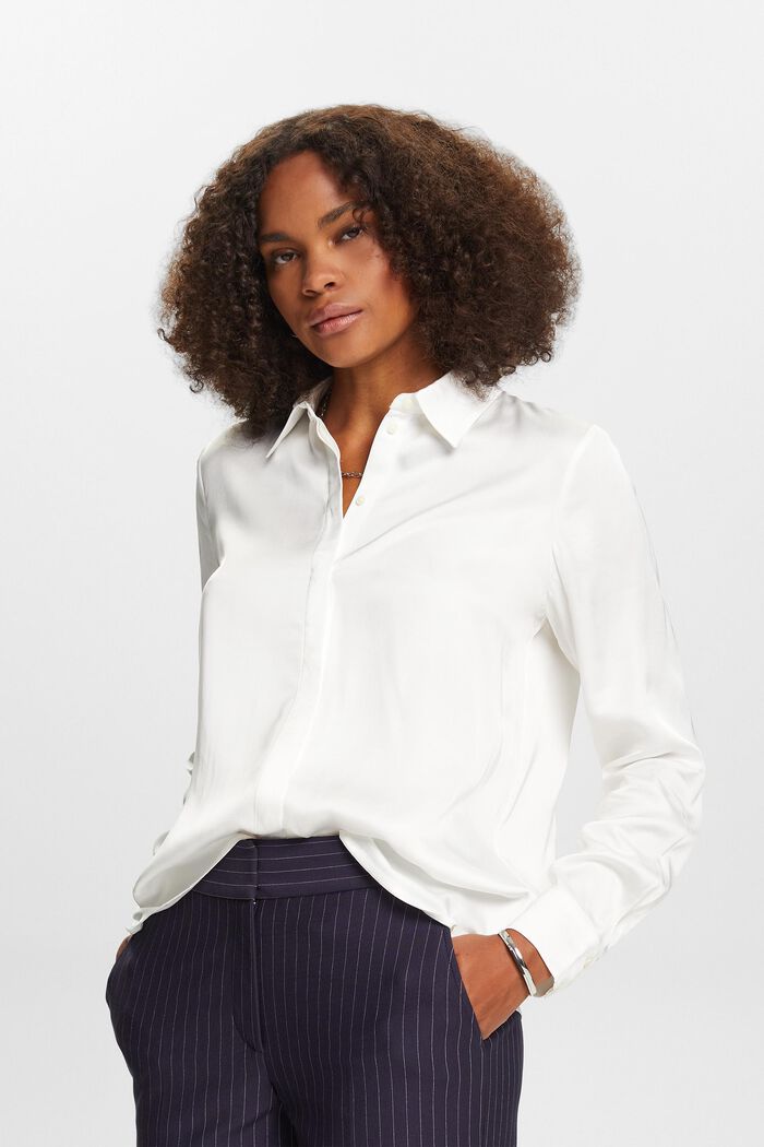 Satijnen blouse met lange mouwen, OFF WHITE, detail image number 0