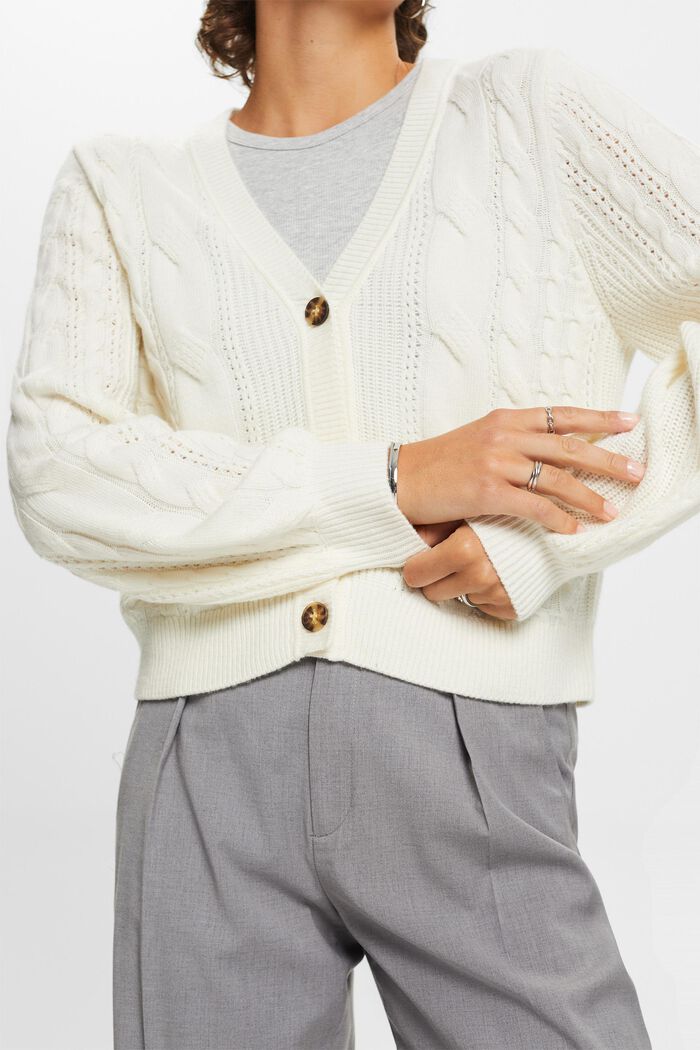 Cardigan en maille torsadée de laine mélangée, OFF WHITE, detail image number 2