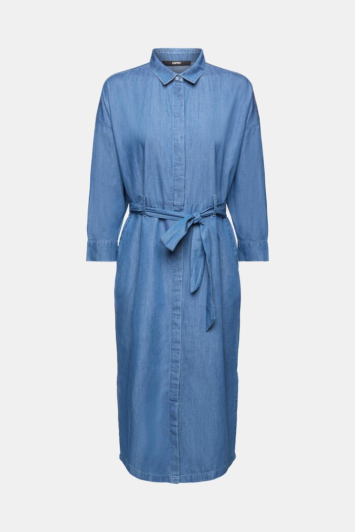 Midi-jurk van katoenen denim met motief en strikceintuur, BLUE MEDIUM WASHED, detail image number 6