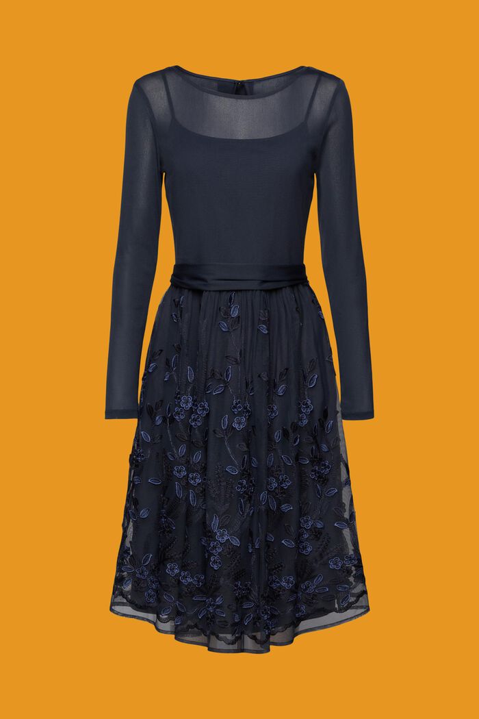 Mini-robe en dentelle 3D agrémentée de mesh à broderie florale, NAVY, detail image number 6