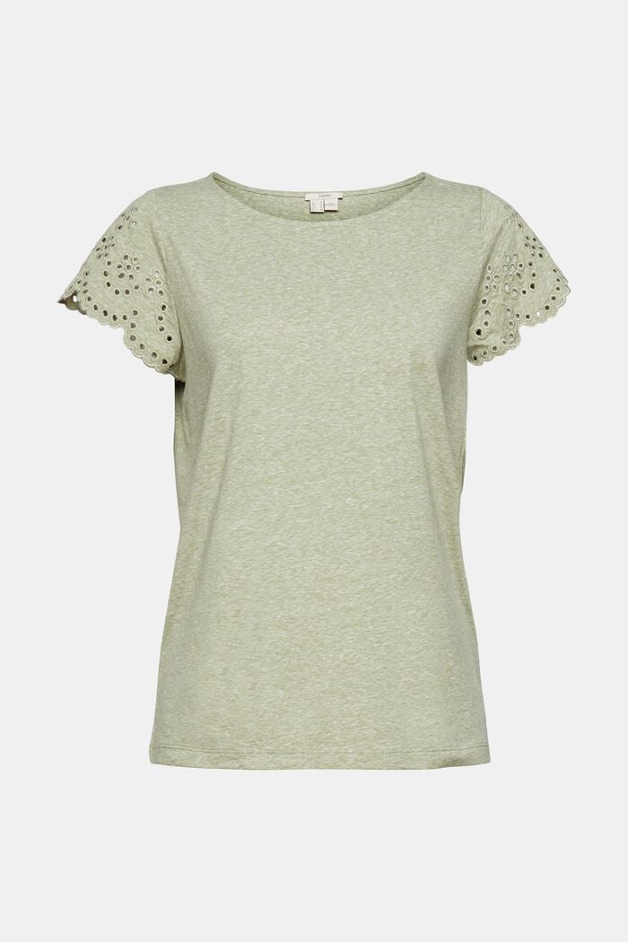 Gerecycled: T-shirt met broderie anglaise, LIGHT KHAKI, detail image number 5