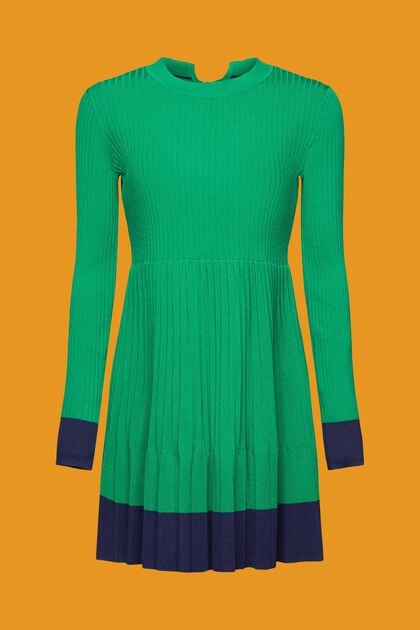 Mini-robe plissée à manches longues et encolure ronde, EMERALD GREEN, overview