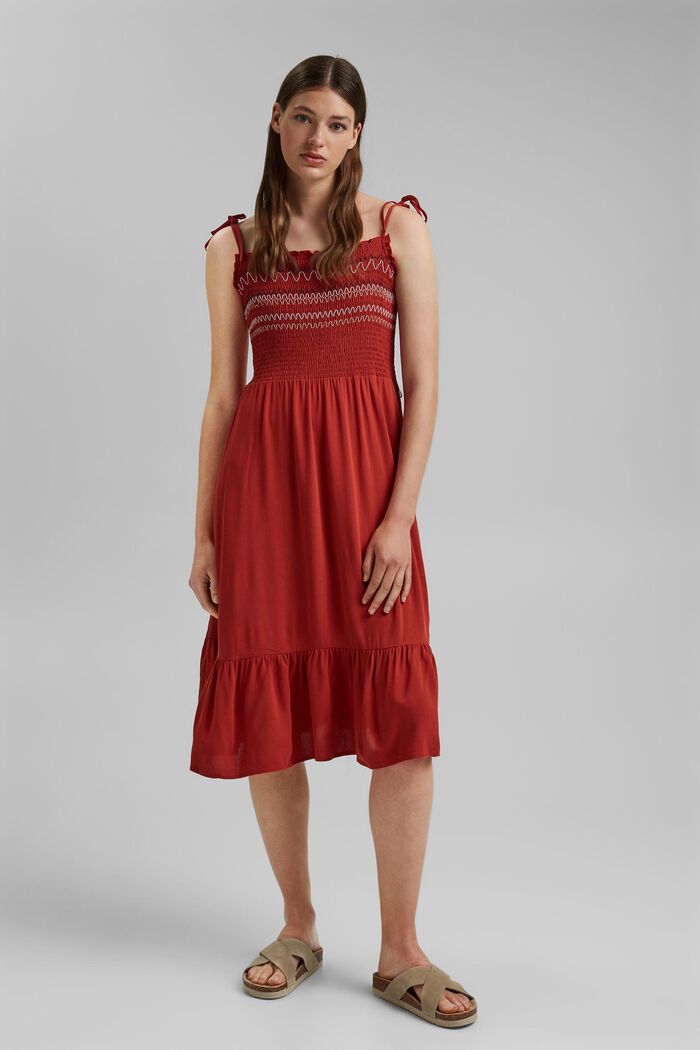Gesmokte jurk met borduursel van LENZING™ ECOVERO™, TERRACOTTA, detail image number 1