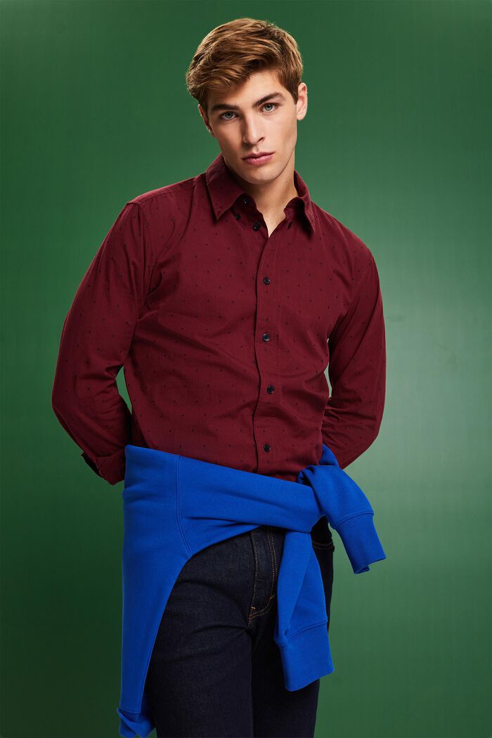 Katoenen slim fit-overhemd met borduursel, GARNET RED, detail image number 0