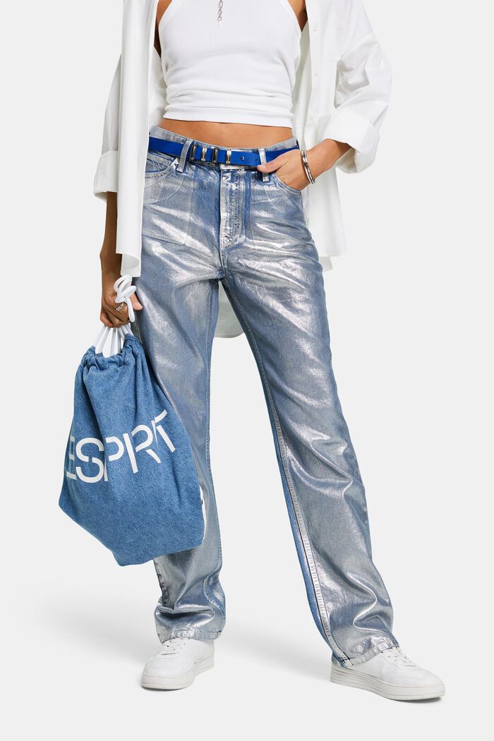 Rechte metallic retro jeans met hoge taille, GREY RINSE, detail image number 0