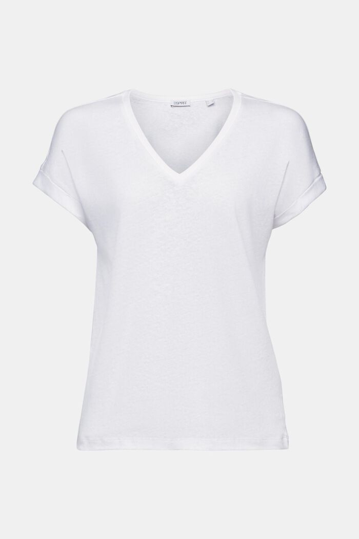 T-shirt van katoenlinnen met V-hals, WHITE, detail image number 5