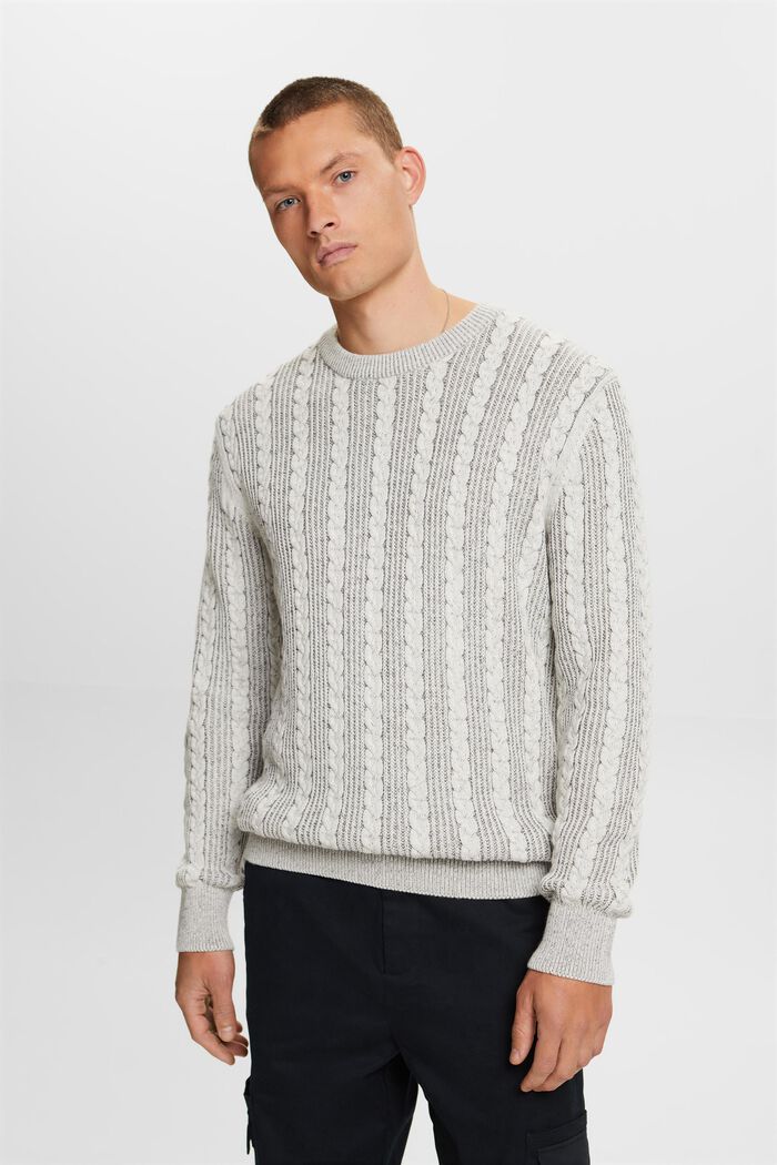Sweater met kabelpatroon en ronde hals, BROWN GREY, detail image number 1