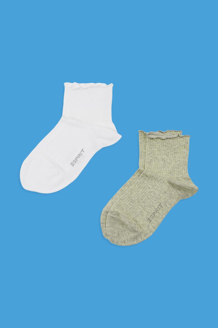 Set van 2 paar sokken met gerimpeld boorden, organic cotton, KHAKI/WHITE, detail image number 1
