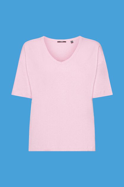 T-shirt en lin mélangé à encolure en V, LIGHT PINK, overview
