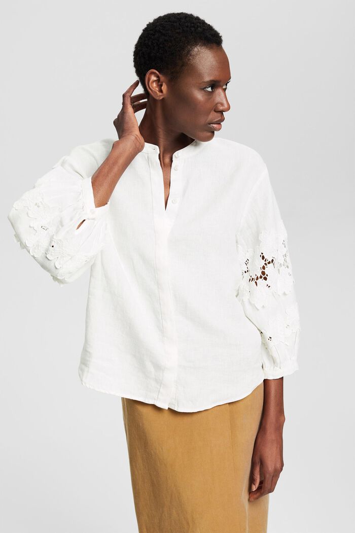 Linnen blouse met bloemenborduursel, OFF WHITE, detail image number 5