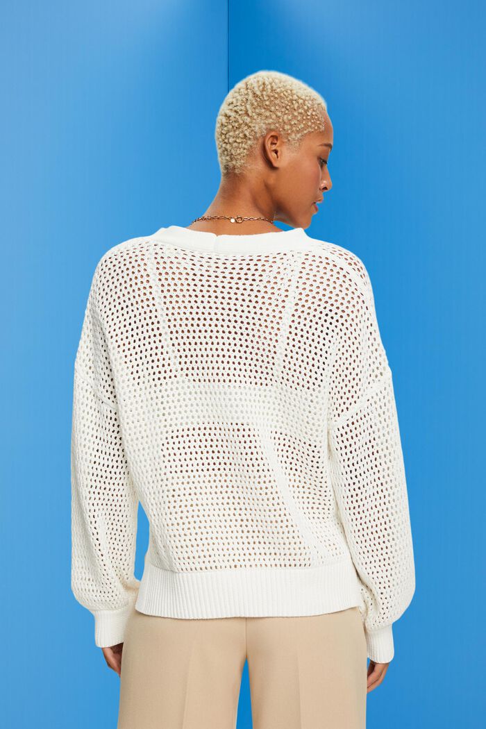 Opengewerkte trui van duurzaam katoen met V-hals, OFF WHITE, detail image number 3