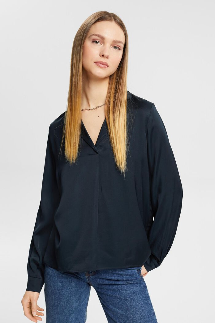 Satijnen blouse met reverskraag, LENZING™ ECOVERO™, PETROL BLUE, detail image number 0