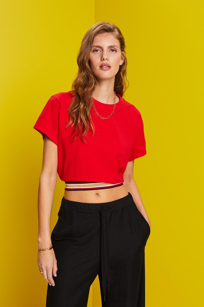 Cropped T-shirt met glitterband, RED, detail image number 0