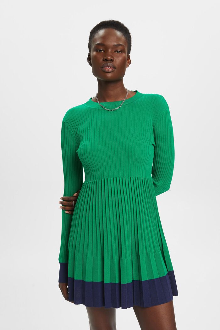 Mini-robe plissée à manches longues et encolure ronde, EMERALD GREEN, detail image number 0