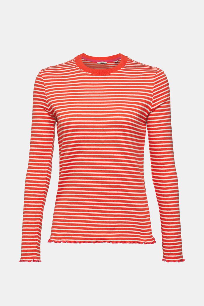 T-shirt rayé à manches longues en maille pointelle, RED, detail image number 6