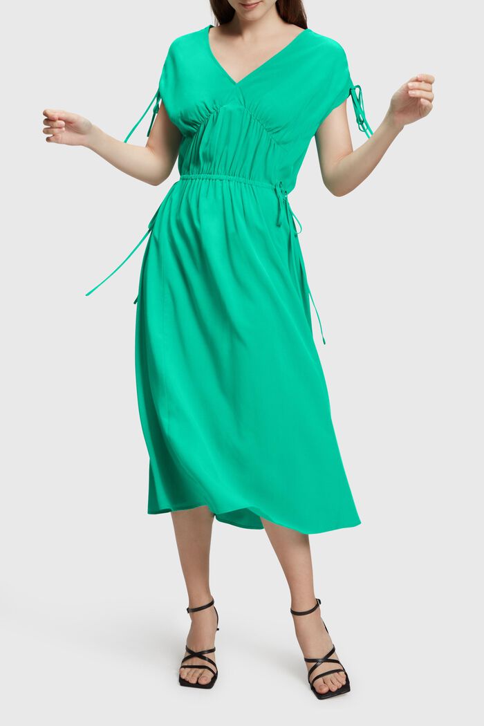RAYON SILK jurk met V-hals en ruches, GREEN, detail image number 0
