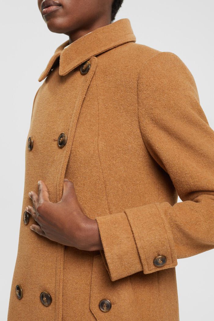 Manteau en laine mélangée à boutonnage croisé, CARAMEL, detail image number 4