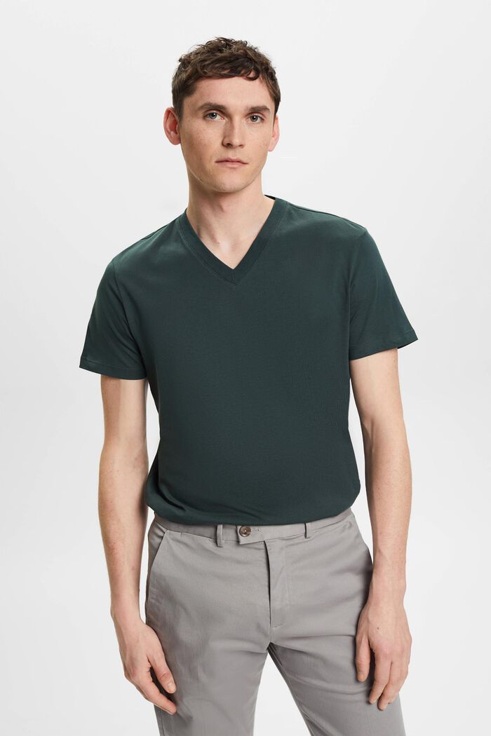 T-shirt en coton à encolure en V de coupe Slim Fit, TEAL BLUE, detail image number 0