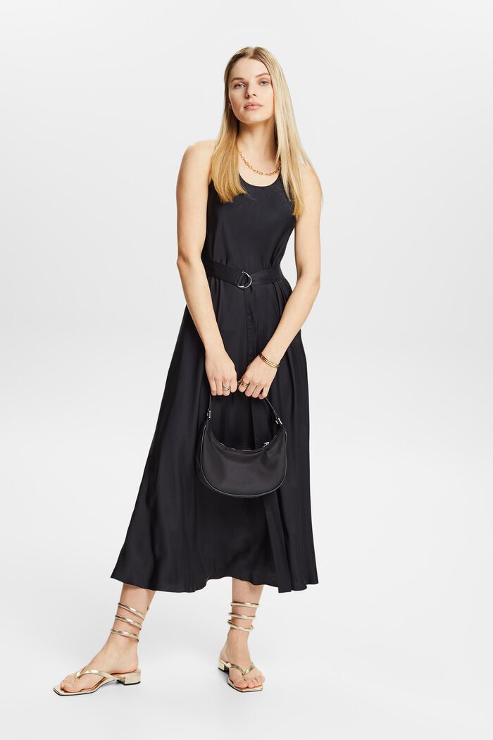 Satijnen mouwloze midi-jurk met ceintuur, BLACK, detail image number 1