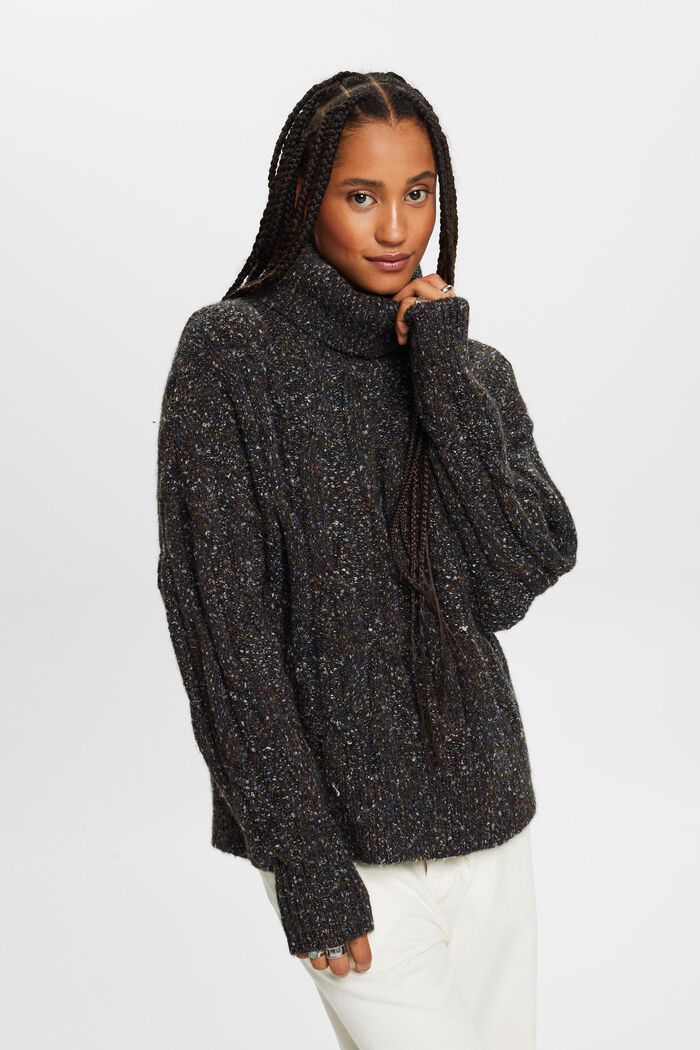 Sweater met kabelpatroon en rolkraag, BLACK, detail image number 0