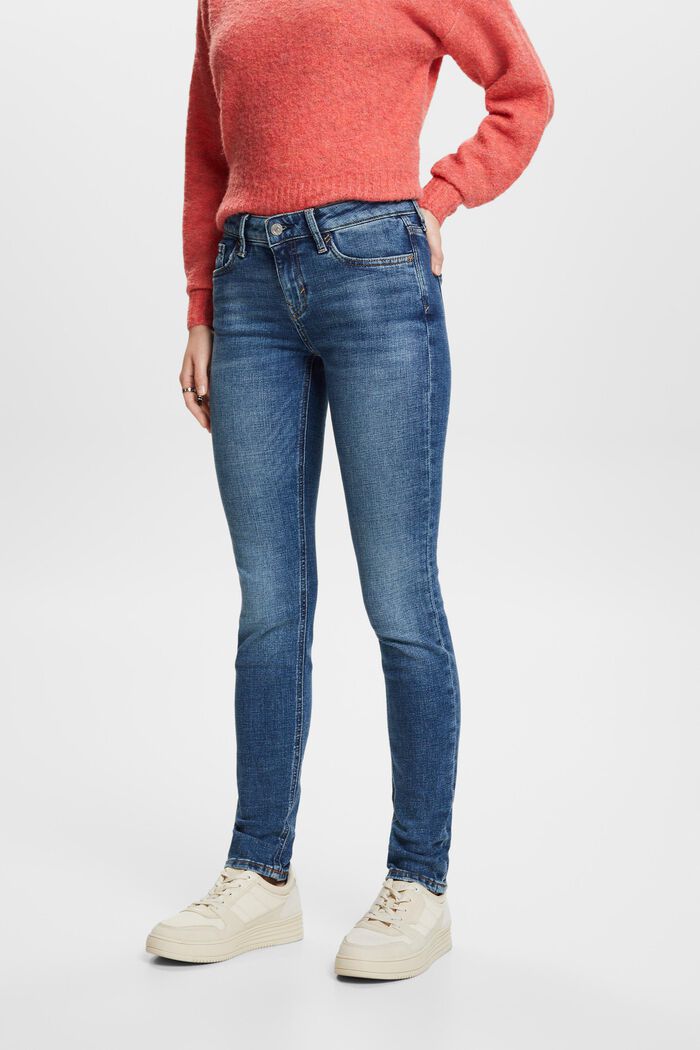 En matière recyclée : jean stretch de coupe Slim Fit à taille mi-haute, BLUE MEDIUM WASHED, detail image number 0