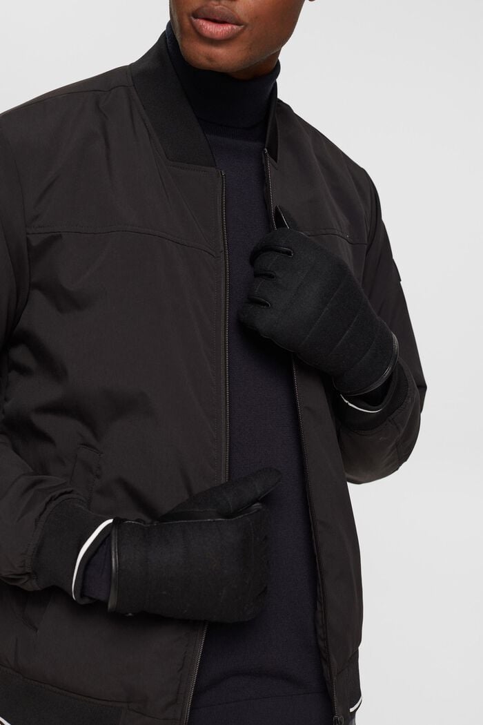 Gants en cuir et laine mélangée, BLACK, detail image number 2