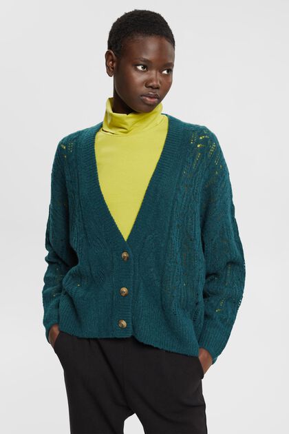 Cardigan en maille torsadée à teneur en laine et en alpaga, TEAL GREEN, overview
