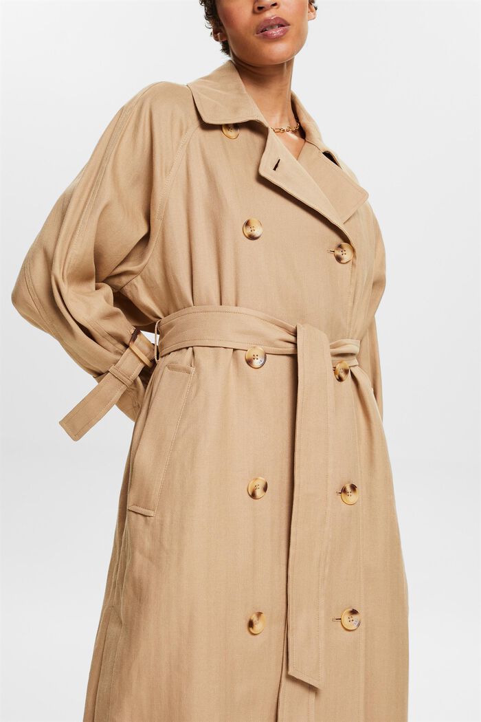 Trench-coat à boutonnage croisé en coton et lin, CREAM BEIGE, detail image number 4