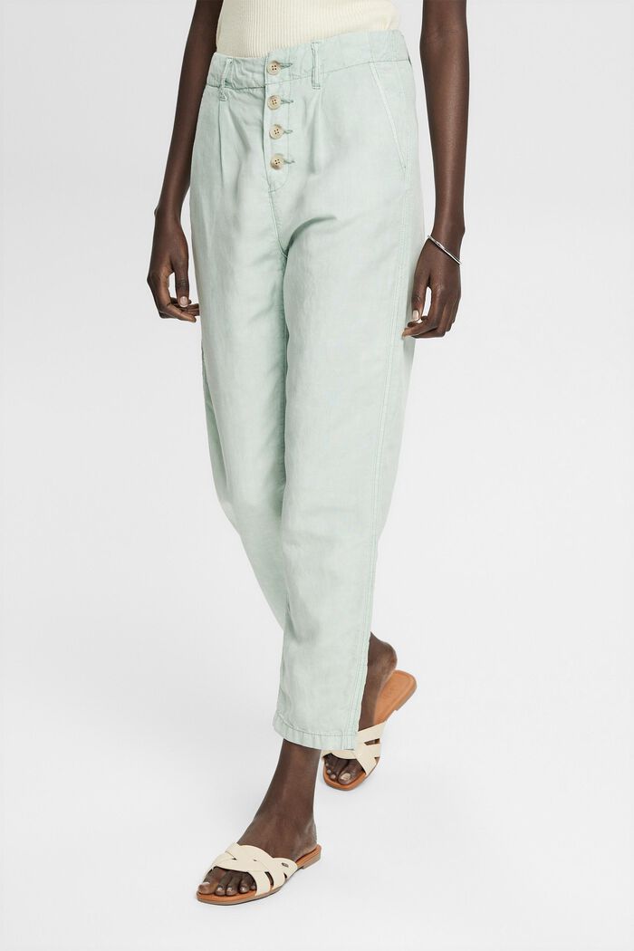 Met linnen: broek met knoopsluiting, DUSTY GREEN, detail image number 0