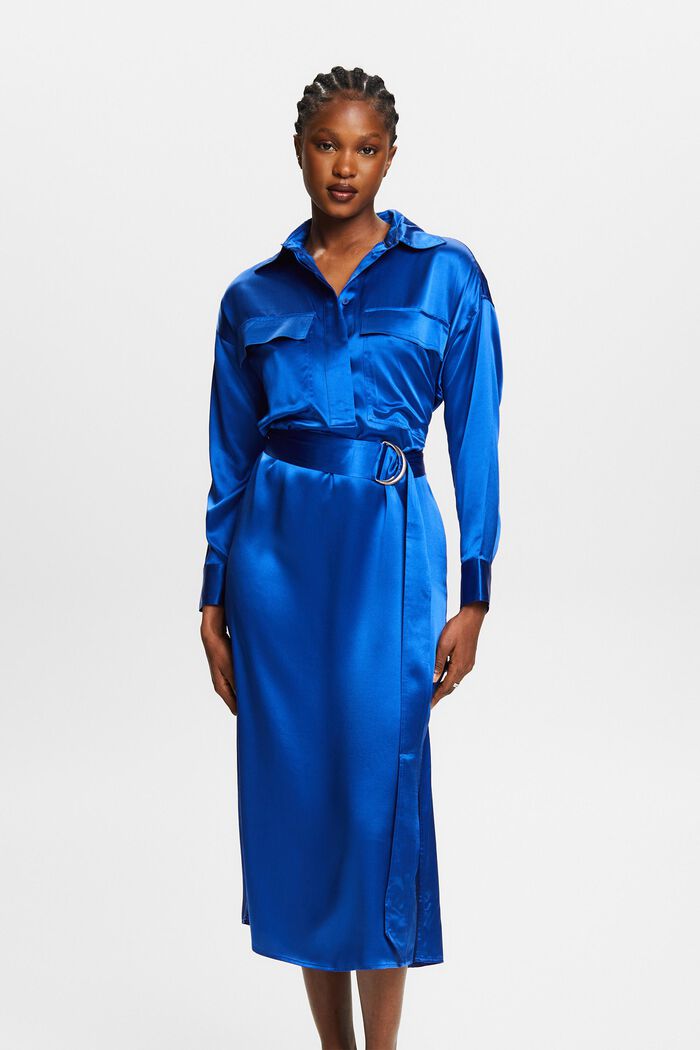 Zijde-satijnen midi-jurk met ceintuur, BRIGHT BLUE, detail image number 0