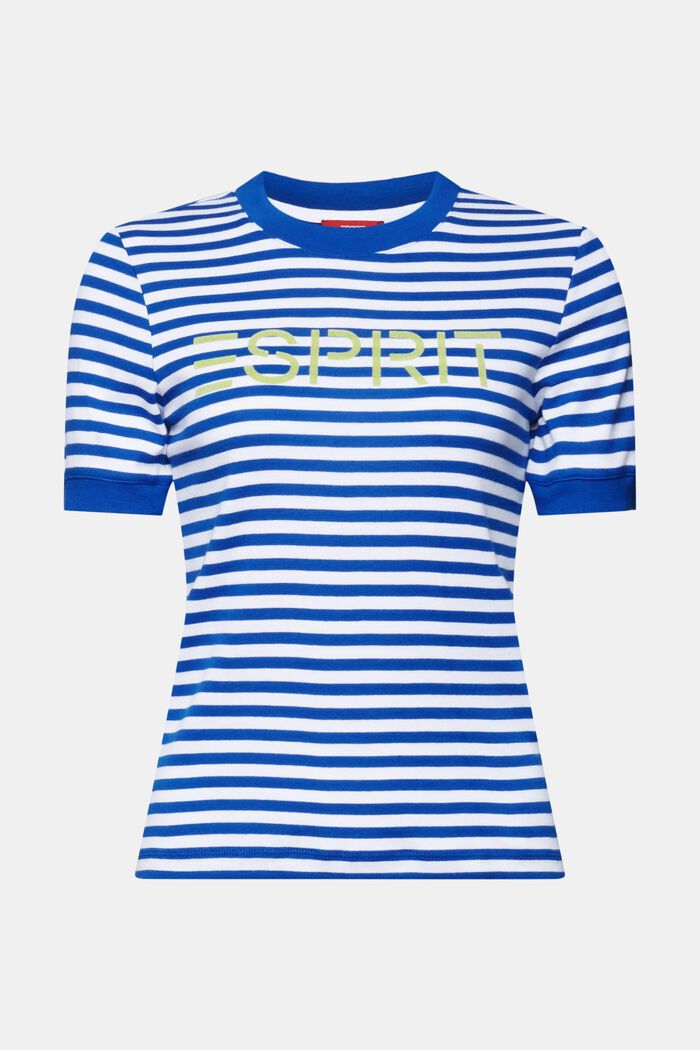 Gestreept katoenen T-shirt met logoprint, BRIGHT BLUE, detail image number 6
