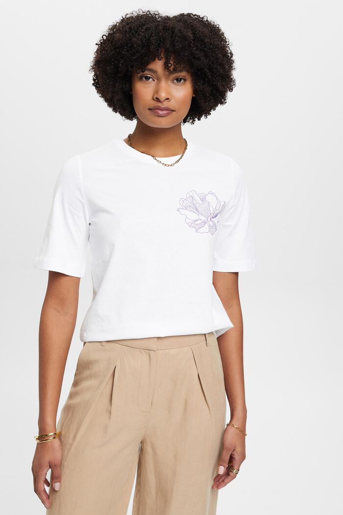 Katoenen T-shirt met geborduurde bloem, OFF WHITE, detail image number 0