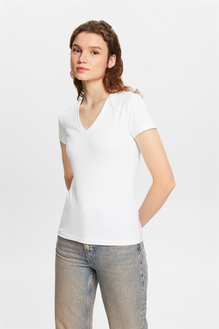 T-shirt en jersey à encolure en V, WHITE, detail image number 0